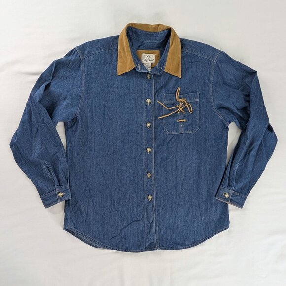 VTG Dark Wash Denim Blue Chambray Tan Suede Collared Tie Pocket Button Up Shirt - Picture 1 of 6